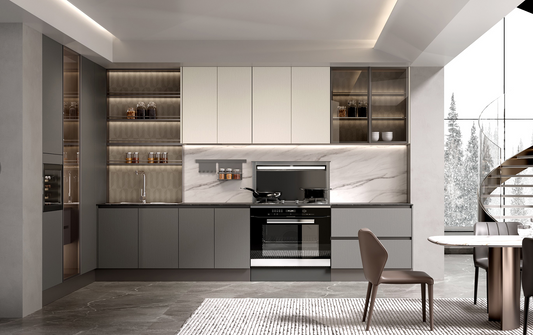 SleekSteel Series - Modern Steel Kitchen with Matte Finish and Integrated Storage