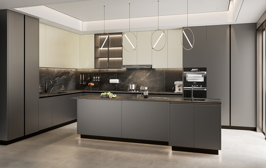 SleekSteel Series - Modern Steel Kitchen with Matte Finish and Integrated Storage