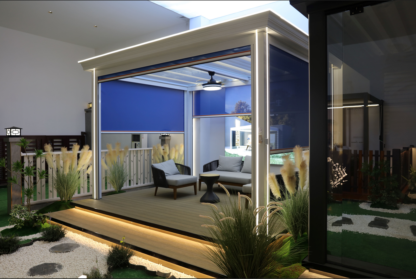 Modern Pergola with LED Lighting & Motorised Blinds