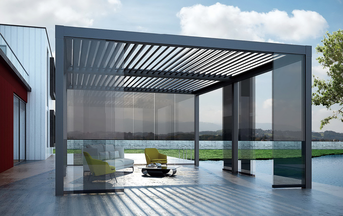 Louvered Pergola with Frameless Glass Sliding Doors