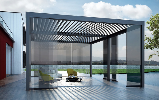 Louvered Pergola with Frameless Glass Sliding Doors